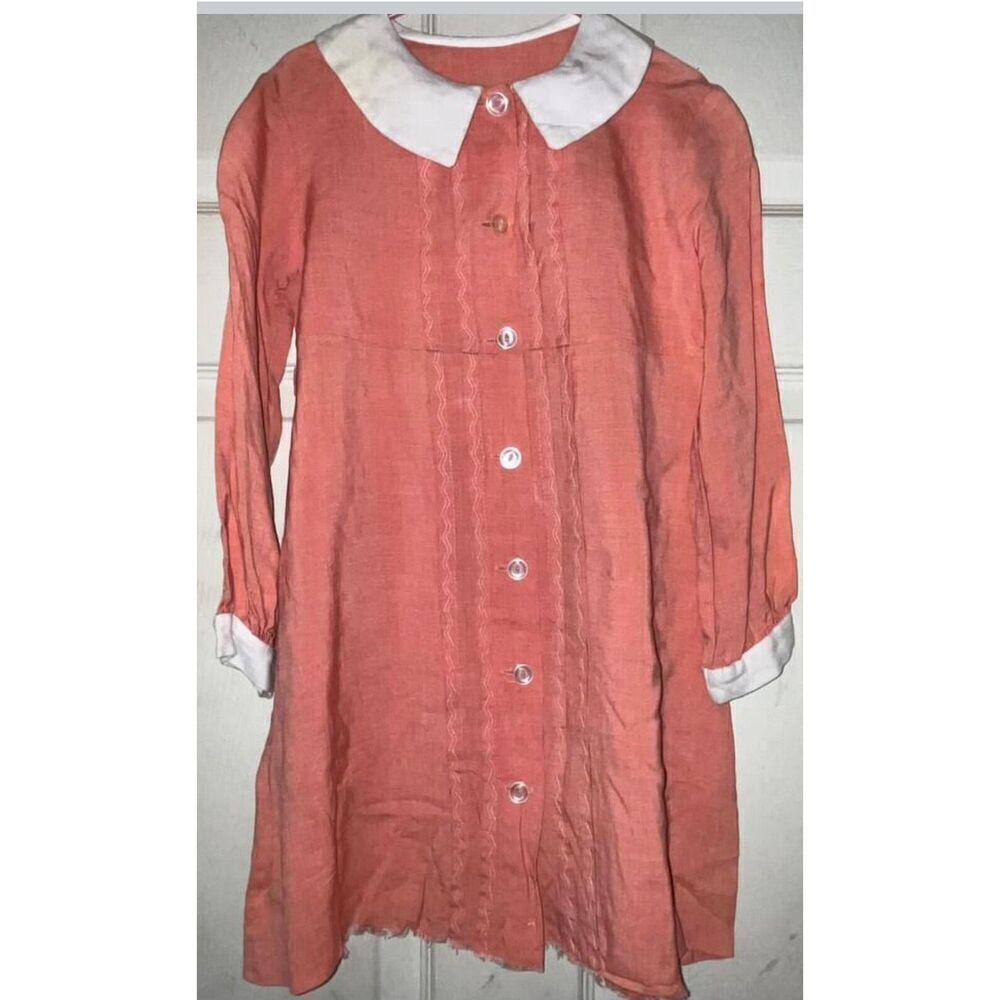Vintage Girls Shirt Dress Size 8-9 Burnt Orange Baby Doll Button Front Cotton *